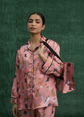 LaRosa Summer Slumber Emma beige silk loungewear set with collared top and matching pants.